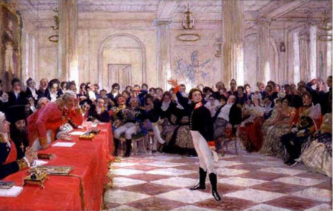 Repin's schilderij "Pushkin on the Lyceum Exam": de geschiedenis van creatie, beschrijving, impressie